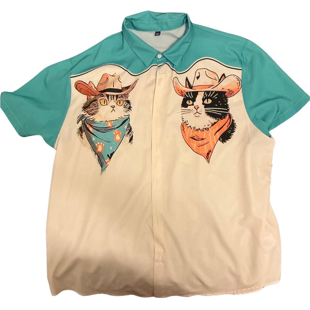 Men's Cowboy Cat Graphic Shirt - Cream and Teal